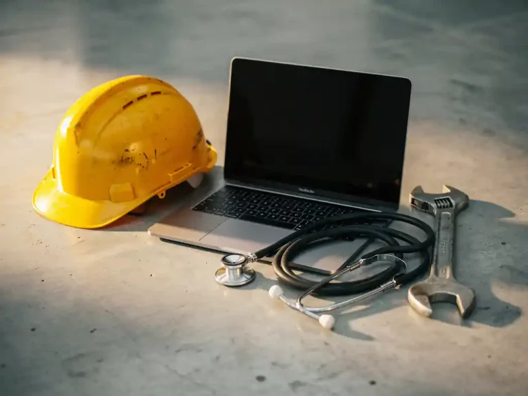 Schutzhelm, Laptop, Stethoskop und Schraubenschlüssel auf Betonuntergrund mit warmem Seitenlicht.