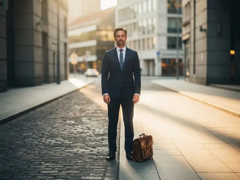Geschäftsmann im Anzug an einer Wegkreuzung zwischen Kopfsteinpflaster und modernem Gehweg, Aktentasche zu seinen Füßen, goldenes Morgenlicht.