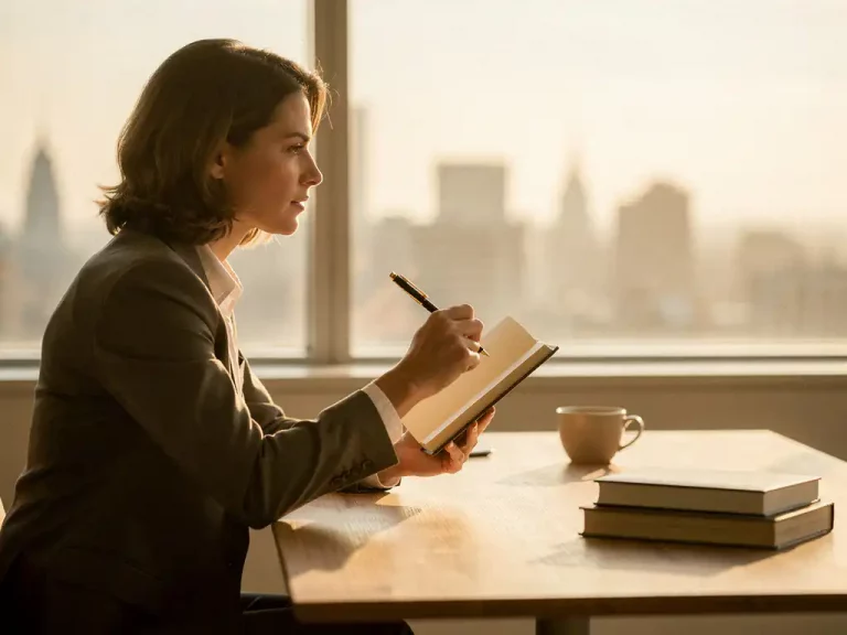 Nachdenklicher Berufstätiger am Holzschreibtisch mit offenem Notizbuch, Kaffeetasse und Büchern, Stadtpanorama im Morgenlicht im Hintergrund.