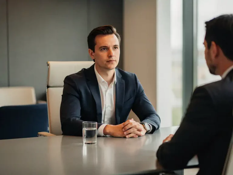 Bewerberin sitzt ruhig einem Interviewer in einem modernen Berliner Büro gegenüber, Hände entspannt auf dem Konferenztisch.