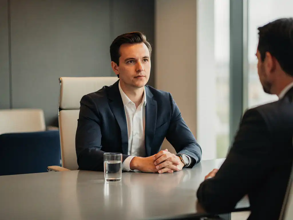 Bewerberin sitzt ruhig einem Interviewer in einem modernen Berliner Büro gegenüber, Hände entspannt auf dem Konferenztisch.