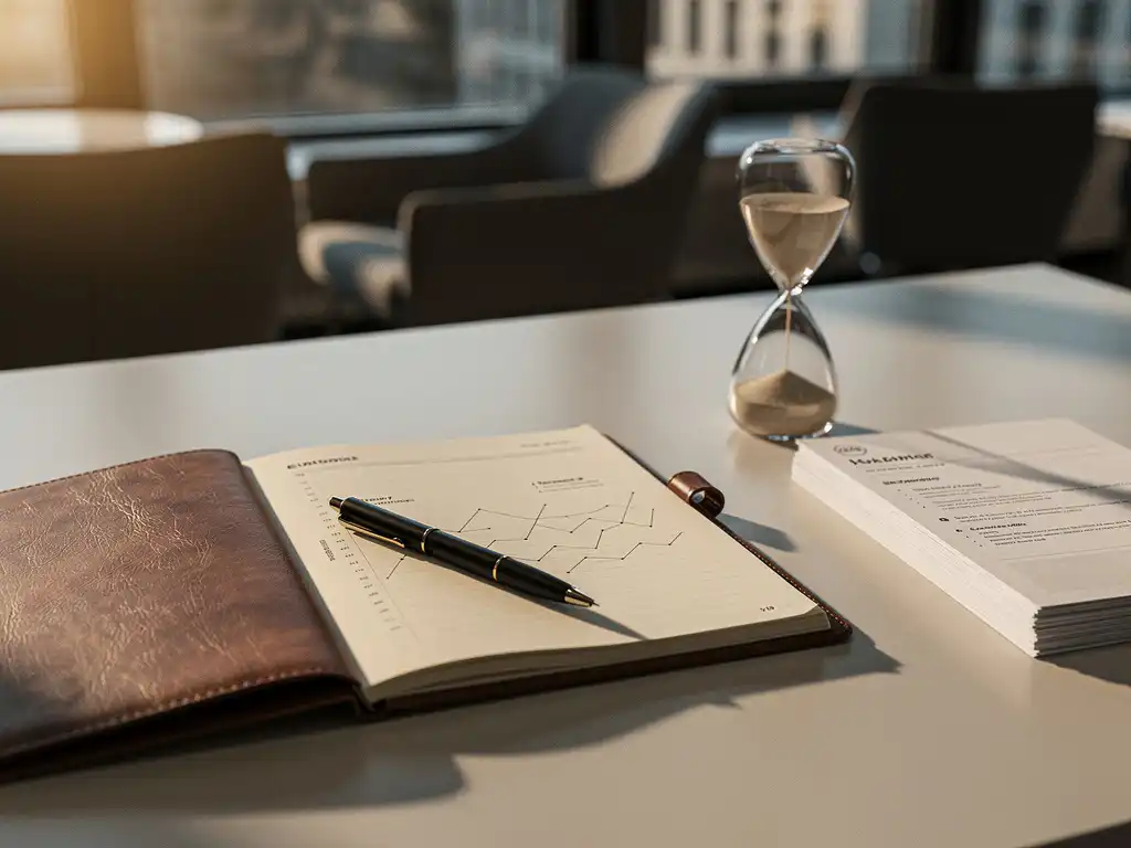 Aufgeschlagener Lederplaner mit handgeschriebenen Notizen, Stift und Sanduhr neben gefaltetem Lebenslauf im Berliner Büro.
