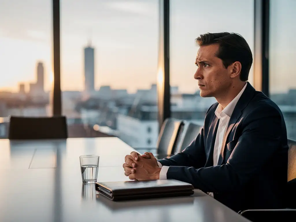 Nervöser Bewerber am Konferenztisch in modernem Berliner Büro, geschlossene Ledermappe und leeres Wasserglas daneben.
