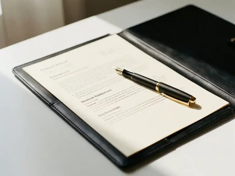 Aufgeklapptes Lederportfolio mit formatiertem Lebenslauf und Füllfederhalter auf weißem Schreibtisch im natürlichen Tageslicht.