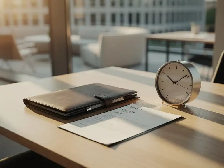 Ledermappen und moderner Lebenslauf auf einem Eichenschreibtisch mit analoger Uhr, warmes Abendlicht, Berliner Büroumgebung.