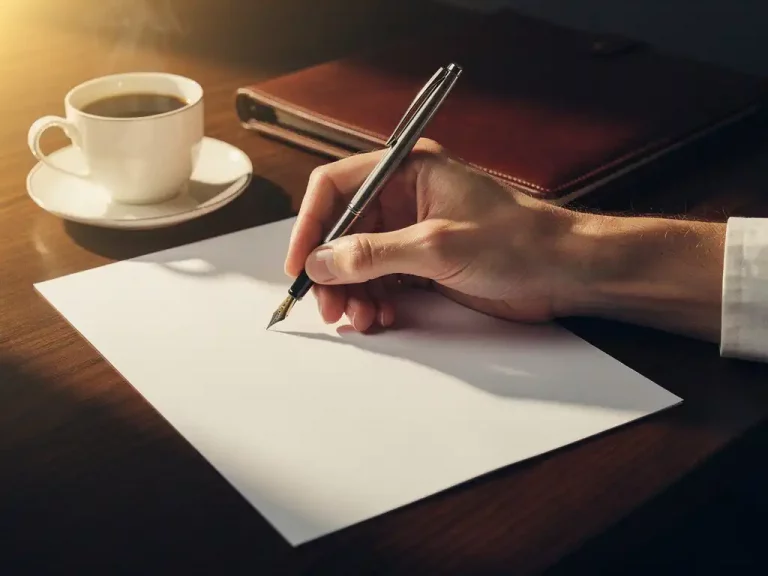 Hand schreibt mit Füllfederhalter ein Anschreiben auf weißem Papier, Ledermappe und Kaffeetasse auf dunklem Eichenschreibtisch.