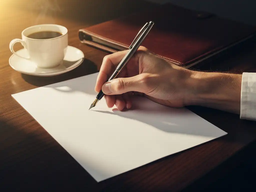 Hand schreibt mit Füllfederhalter ein Anschreiben auf weißem Papier, Ledermappe und Kaffeetasse auf dunklem Eichenschreibtisch.
