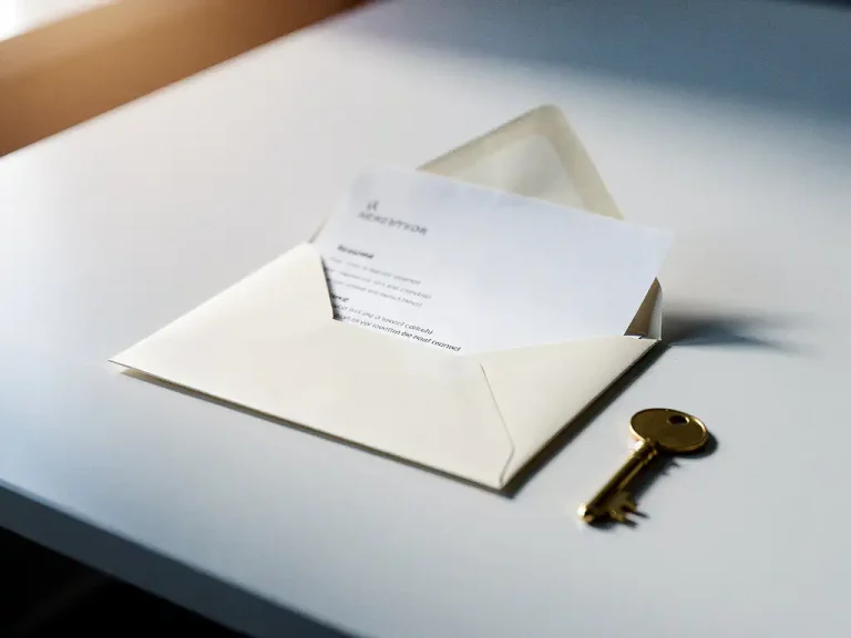 Geöffneter Umschlag mit sichtbarem Lebenslauf und goldenem Schlüssel auf modernem Schreibtisch, symbolisiert Bewerbungschancen.