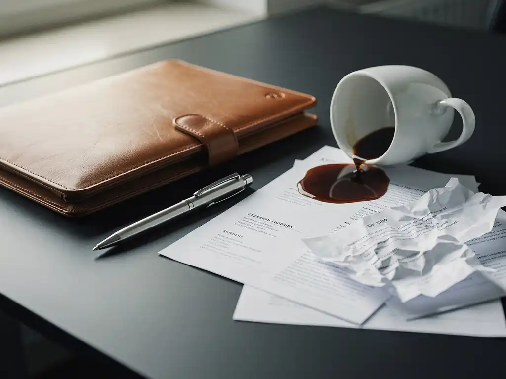 Umgekippte Kaffeetasse verschüttet Flüssigkeit auf Bewerbungsunterlagen neben zerknülltem Jobangebot und Leder-Portfolio auf modernem Berliner Büroschreibtisch.