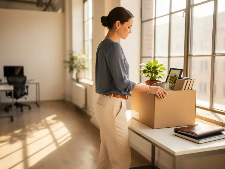 Frau in Business-Casual-Kleidung steht nachdenklich am Bürofenster neben einem gepackten Karton und einem neuen Leder-Portfolio im Morgenlicht.