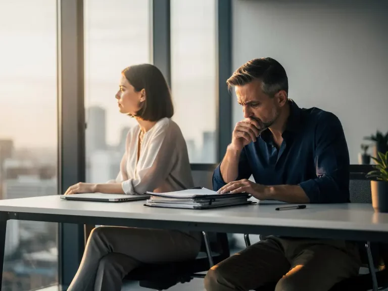 Frau schaut nachdenklich aus Bürofenster, Mann prüft Dokumente am modernen Schreibtisch, gedämpfte Blau- und Grautöne.