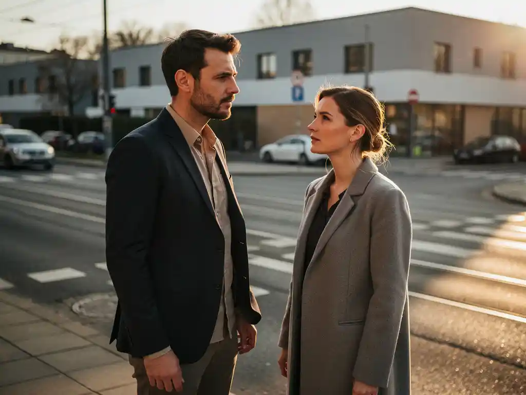 Mann im Blazer und Frau stehen an einer Berliner Kreuzung und blicken nachdenklich in verschiedene Richtungen, goldenes Abendlicht.