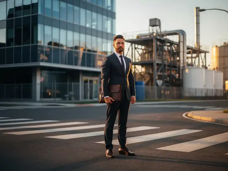 Geschäftsmann im Anzug steht an einer Wegkreuzung zwischen Bürogebäude und Industrieanlage im goldenen Abendlicht.