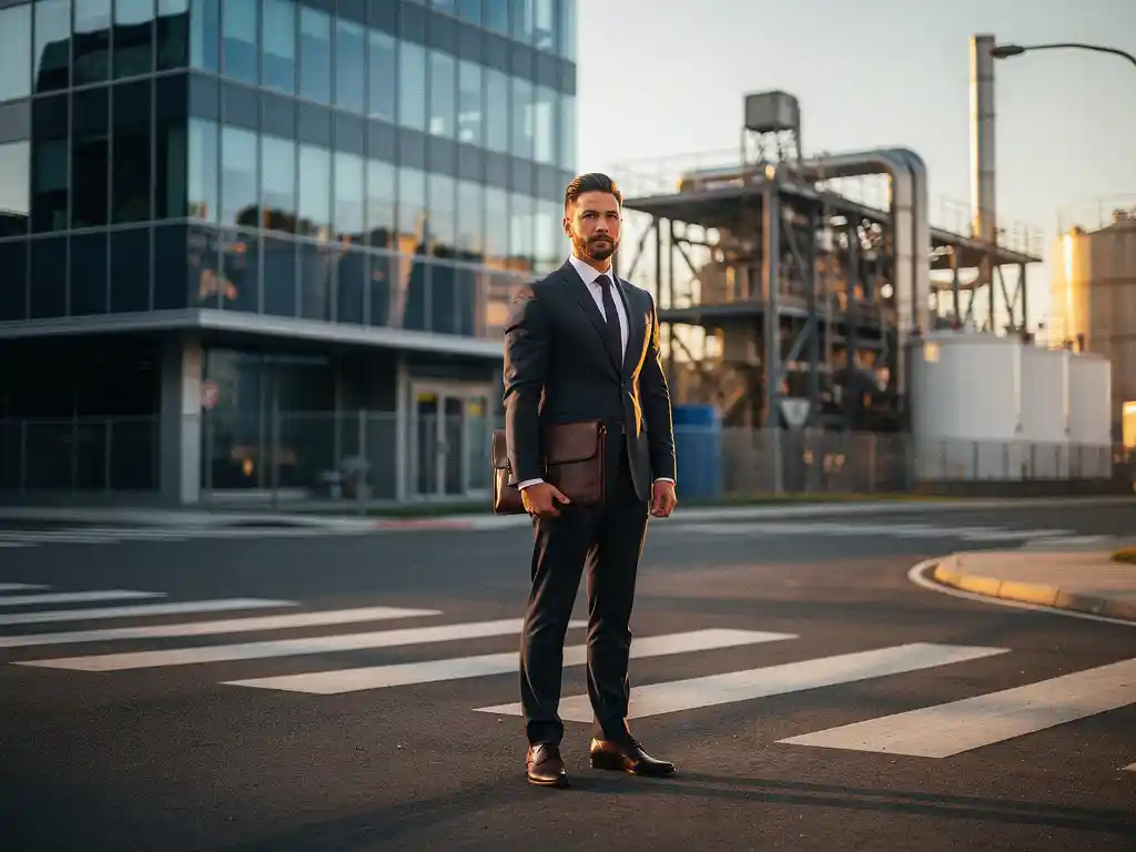 Geschäftsmann im Anzug steht an einer Wegkreuzung zwischen Bürogebäude und Industrieanlage im goldenen Abendlicht.