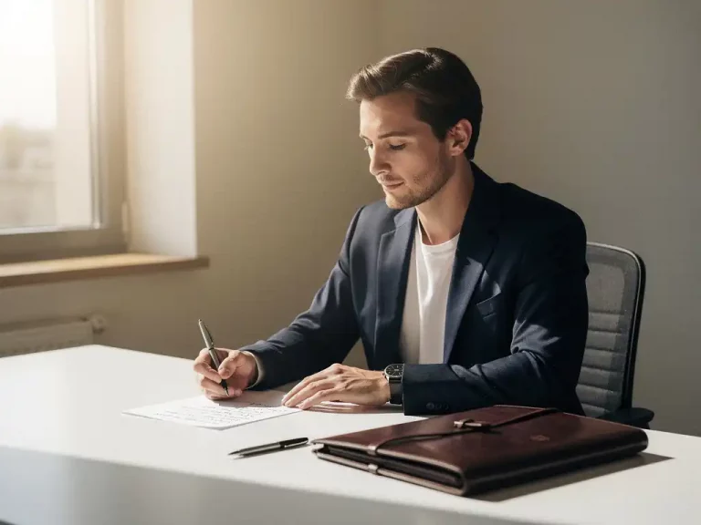 Selbstbewusste Fachkraft im Blazer überprüft handschriftliche Notizen am modernen Schreibtisch mit Ledermappe und Stift im natürlichen Licht.