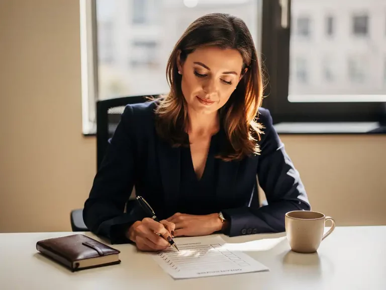 Frau in den 30ern prüft Checkliste am modernen Schreibtisch mit Notizbuch und Kaffee im warmen Bürolicht.