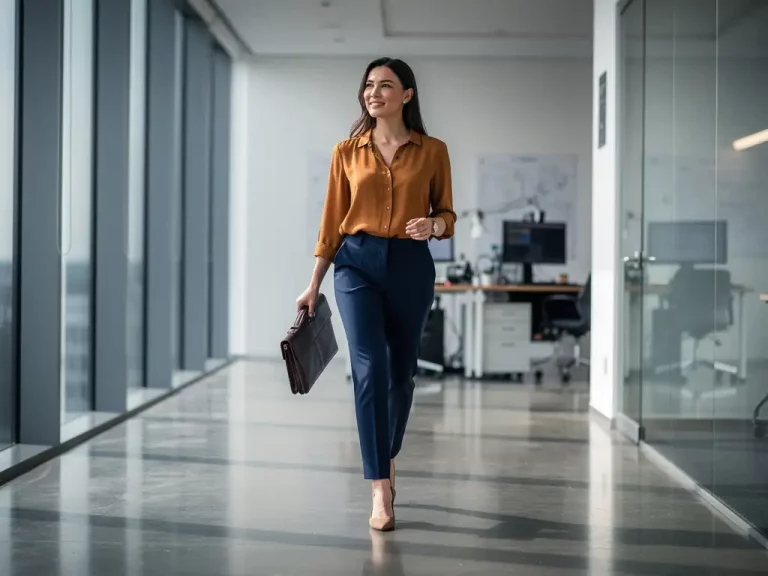 Selbstbewusste Geschäftsfrau mit Ledermappe im modernen Büroflur, natürliches Fensterlicht, unscharfer Ingenieurarbeitsplatz im Hintergrund.