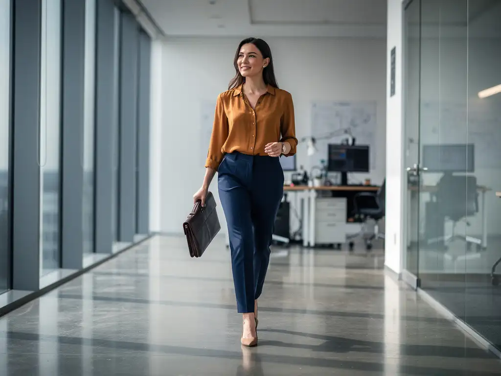 Selbstbewusste Geschäftsfrau mit Ledermappe im modernen Büroflur, natürliches Fensterlicht, unscharfer Ingenieurarbeitsplatz im Hintergrund.