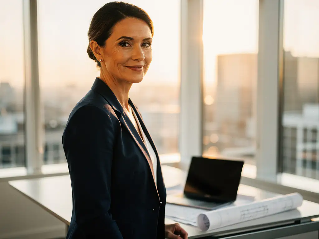 Selbstbewusste Frau Mitte 40 in Businesskleidung am Bürofenster, Ingenieurzeichnung und Laptop im Hintergrund, goldenes Abendlicht.