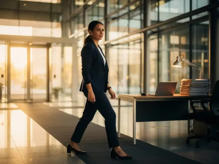 Frau in Business-Casual-Kleidung steht an einem Scheideweg in einem modernen Bürogebäude, goldenes Licht fällt durch Glasfassade.