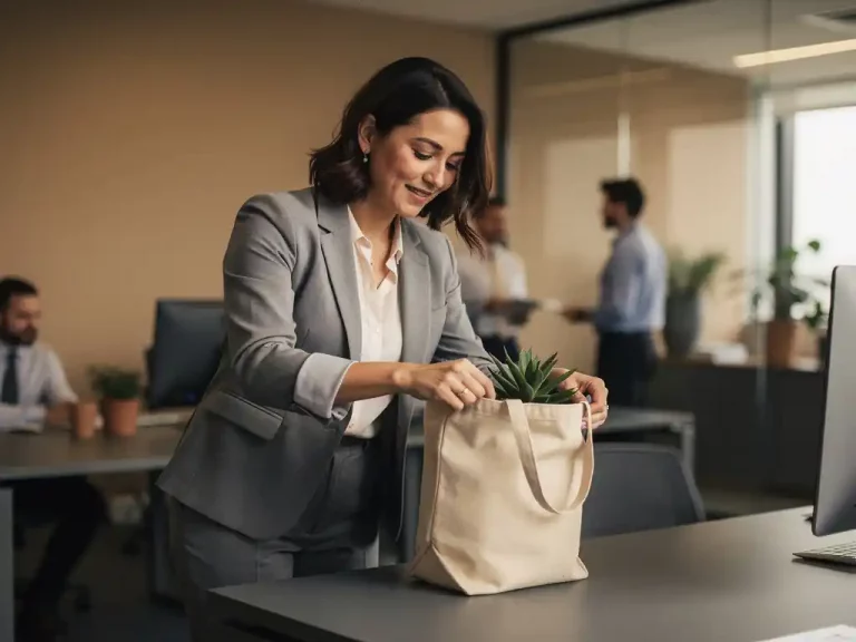 Frau in Business-Casual-Kleidung packt Sukkulente in Tasche beim Aufräumen ihres Schreibtisches im modernen Büro.