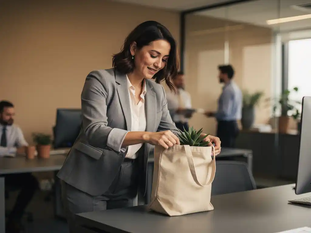 Frau in Business-Casual-Kleidung packt Sukkulente in Tasche beim Aufräumen ihres Schreibtisches im modernen Büro.