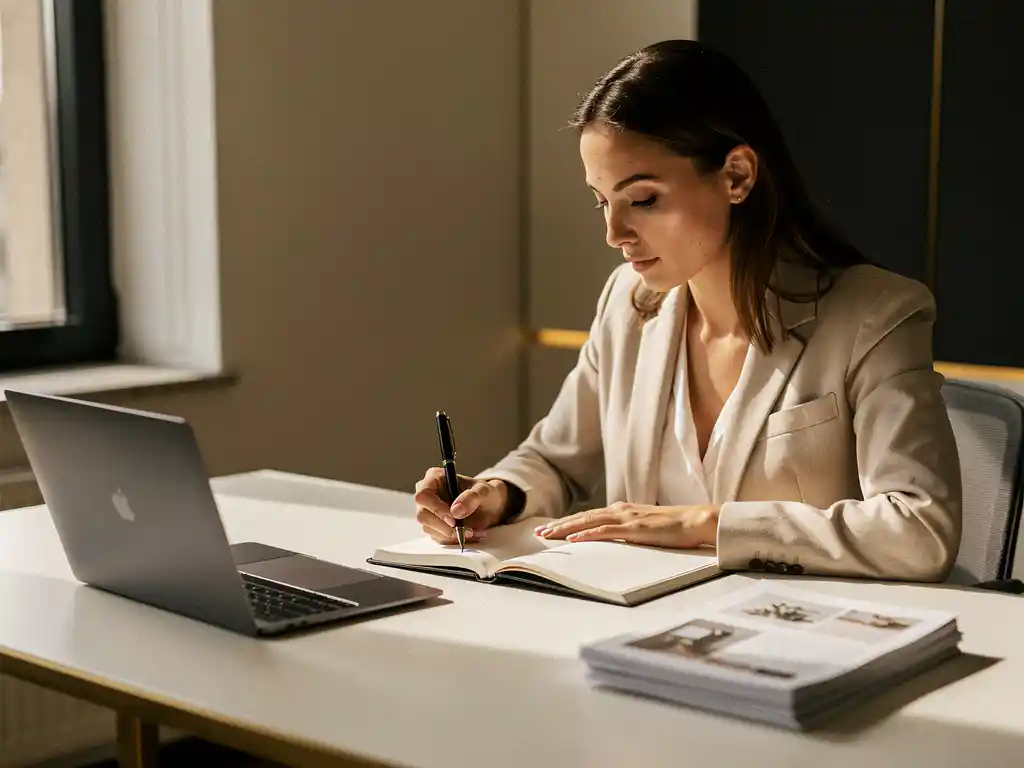 Frau schreibt mit Füllfederhalter in Notizbuch an modernem Schreibtisch, Laptop und Dokumente im Hintergrund, warmes Tageslicht.