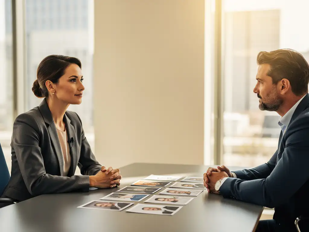 Frau im Blazer im Vorstellungsgespräch mit einem Interviewer in einem modernen Büro mit natürlichem Licht.