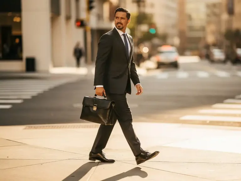 Geschäftsmann im Anzug mit Aktenkoffer hält mitten im Schritt an einem Kreuzweg auf einem Stadtbürgersteig im goldenen Abendlicht inne.