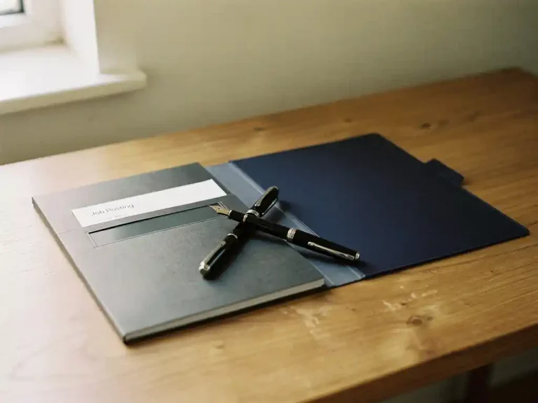 Zwei Dokumentenmappen auf Holzschreibtisch mit Füllfederhalter im weichen Morgenlicht – symbolisiert Bewerbung auf Stellenausschreibung.