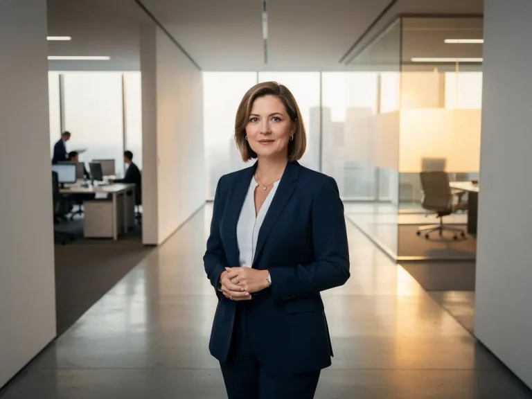 Selbstbewusste Geschäftsfrau im modernen Büroflur an einer Weggabelung zwischen Großraumbüro und Glaswand-Chefbüro, goldenes Licht.