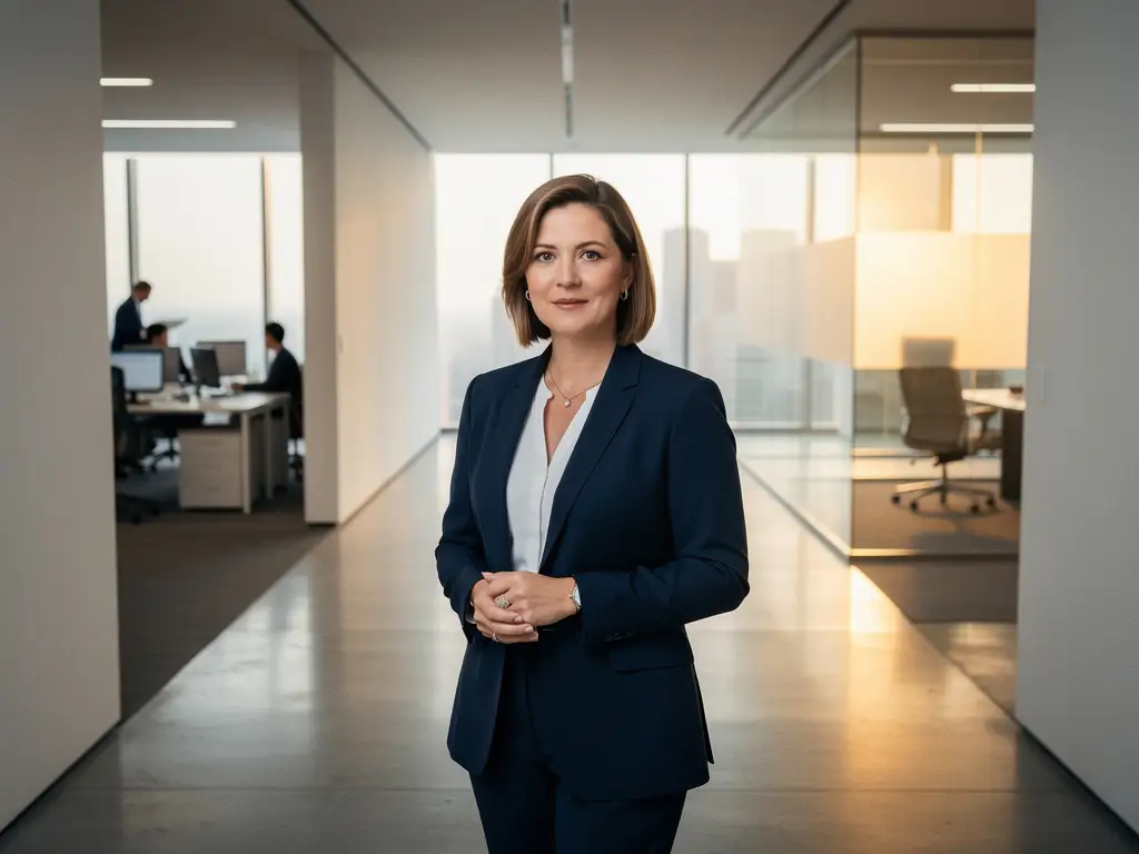 Selbstbewusste Geschäftsfrau im modernen Büroflur an einer Weggabelung zwischen Großraumbüro und Glaswand-Chefbüro, goldenes Licht.