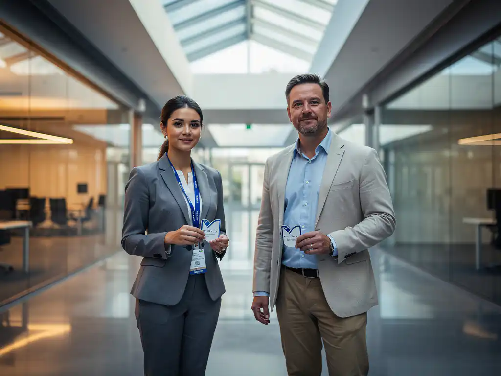Frau in Ingenieurskleidung und Mann in Business-Casual halten Branchen-Badges an einem Kreuzweg moderner Bürokorridore.