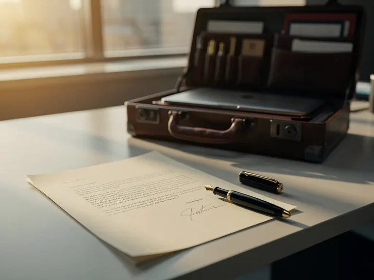 Gefalteter Kündigungsbrief neben Füllfederhalter auf modernem Schreibtisch, halbgepackte Ledertasche im goldenen Abendlicht im Hintergrund.