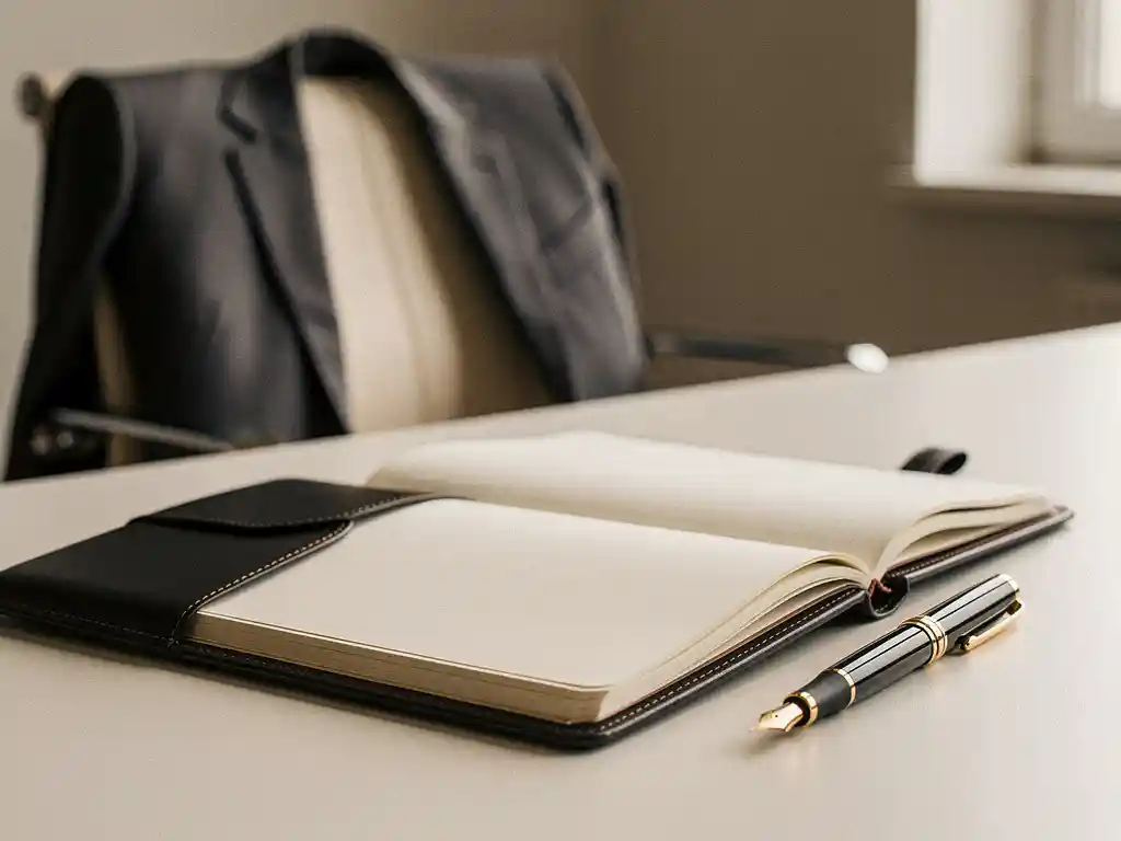 Aufgeschlagener Lederplaner mit Füllfederhalter auf minimalistischem Schreibtisch, professionelles Sakko auf Stuhl im Hintergrund.