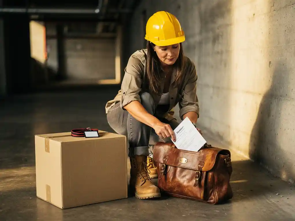 Frau mit Schutzhelm legt Rentendokument in Ledertasche neben Umzugskarton mit neuem Arbeitgeber-Ausweis, Industriekorridor.