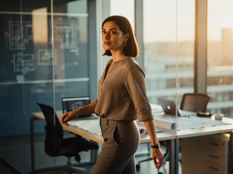 Selbstbewusste Frau in Business-Casual-Kleidung im modernen Open-Plan-Büro mit Glaswänden, Bauplänen und warmem Abendlicht.