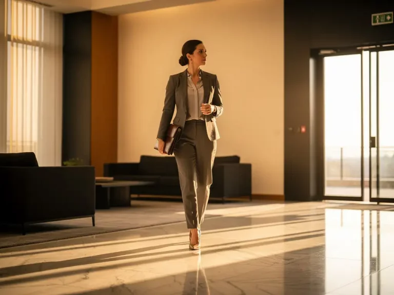 Selbstbewusste Frau in Business-Casual-Kleidung mit Ledermappe im modernen Bürofoyer, goldenes Morgenlicht durch Glasfenster.