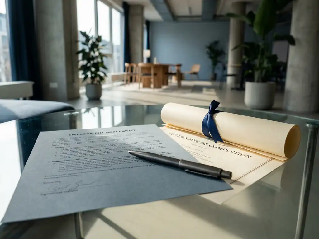 Unterzeichneter Arbeitsvertrag und Ausbildungszertifikat auf einem Glasschreibtisch mit Stift, modernes Berliner Büro.