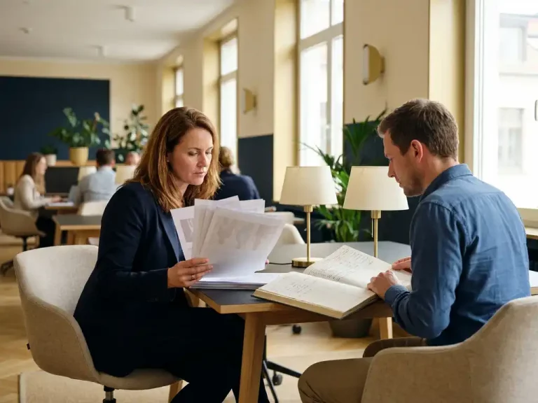 Junge Frau prüft Gehaltsunterlagen am modernen Schreibtisch, Kollege mit Steuermappe daneben, helles deutsches Büro mit Tageslicht.