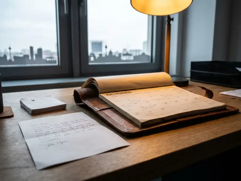 Abgenutzter Lederkalender mit unterzeichnetem Kündigungsschreiben und markierten Urlaubstagen auf einem Berliner Büroschreibtisch.