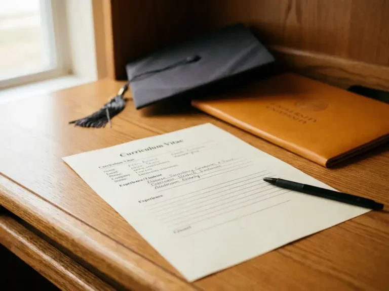 Unvollständig ausgefüllter Lebenslauf auf Eichenholztisch mit Stift, Universitätsmappe und Bachelorhut im Hintergrund.
