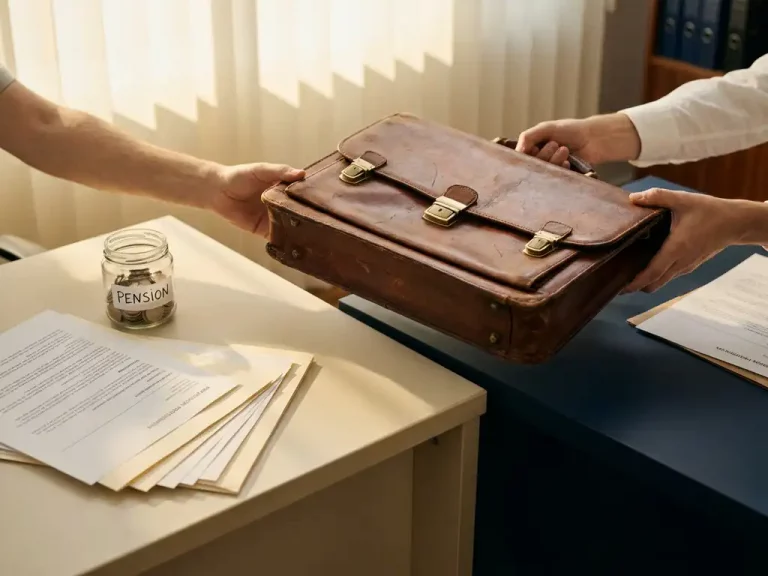 Abgenutzter Lederkoffer zwischen zwei Büroschreibtischen, daneben ein Sparglas mit Münzen und aufgefächerte Berufsdokumente im warmen Gegenlicht.