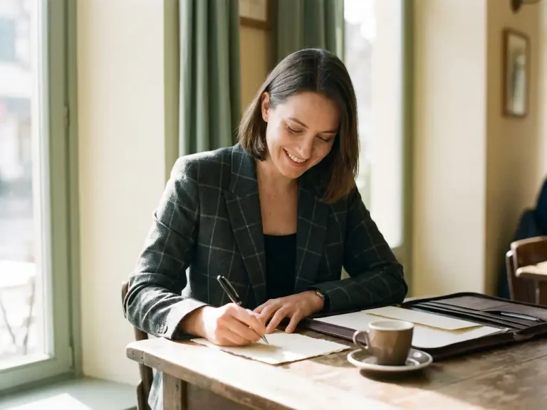 Geschäftsfrau im Blazer schreibt handschriftliche Notiz auf cremefarbenem Briefpapier an einem sonnigen Café-Tisch mit Ledermappe und Espresso.