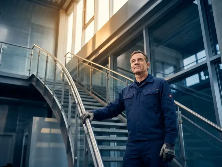 Servicetechniker in marineblauer Uniform an einer Industrietreppe, Blick nach oben gerichtet, moderne Stahl-Glas-Architektur im Hintergrund.