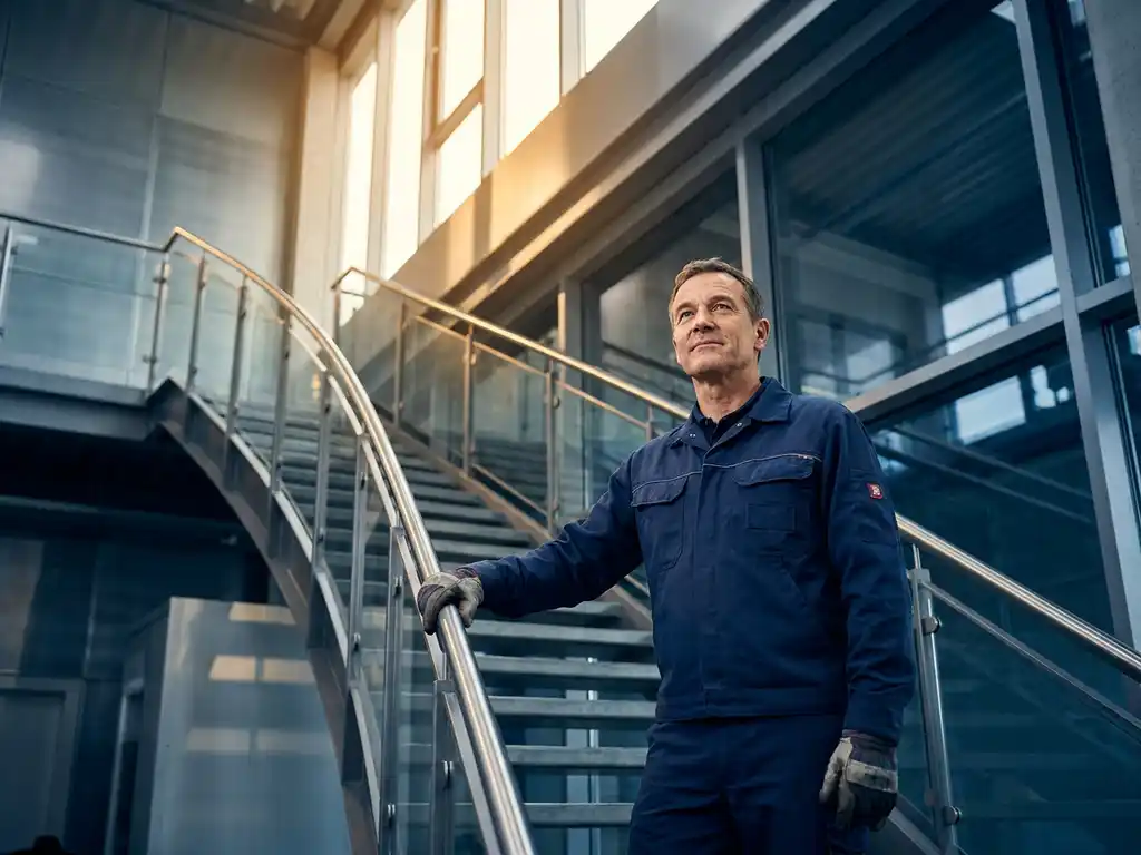 Servicetechniker in marineblauer Uniform an einer Industrietreppe, Blick nach oben gerichtet, moderne Stahl-Glas-Architektur im Hintergrund.