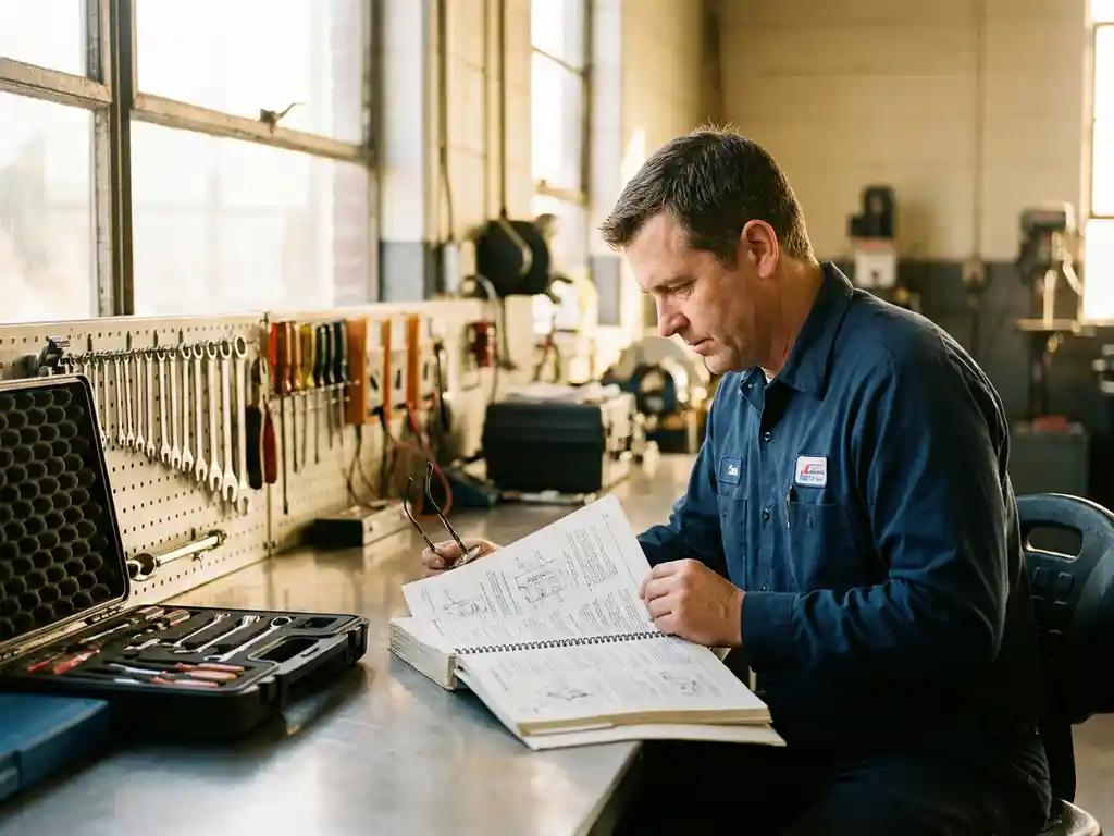 Servicetechniker liest Zertifizierungshandbuch an aufgeräumtem Stahlwerkzeugbench mit Profi-Werkzeug im warmen Seitenlicht.