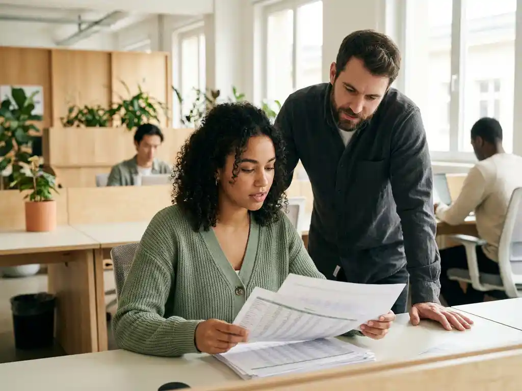 Zwei Steuerberater prüfen gemeinsam Dokumente an einem modernen Büroschreibtisch in hellem Open-Plan-Büro.