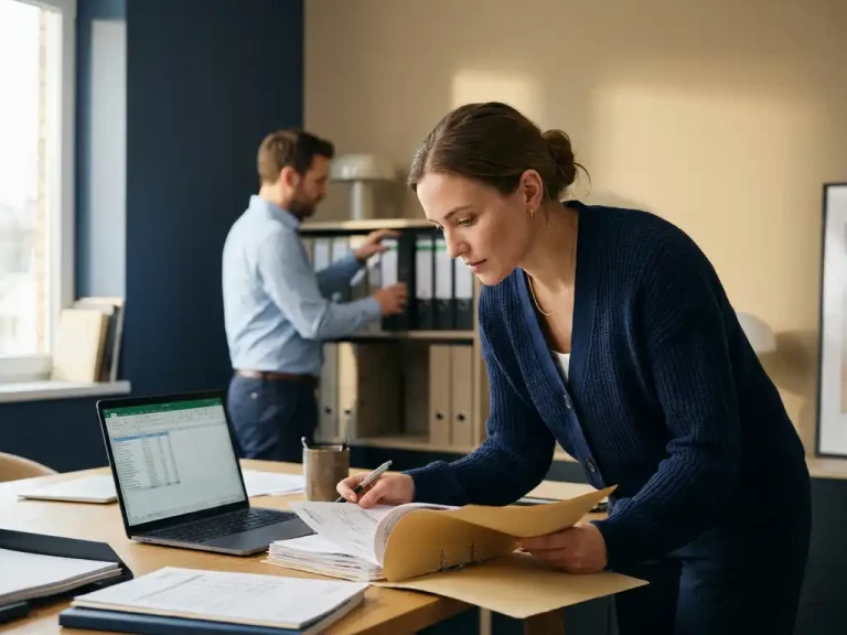 Junge Frau prüft Steuerunterlagen am modernen Büroschreibtisch, Kollege sortiert im Hintergrund Akten, natürliches Seitenlicht.