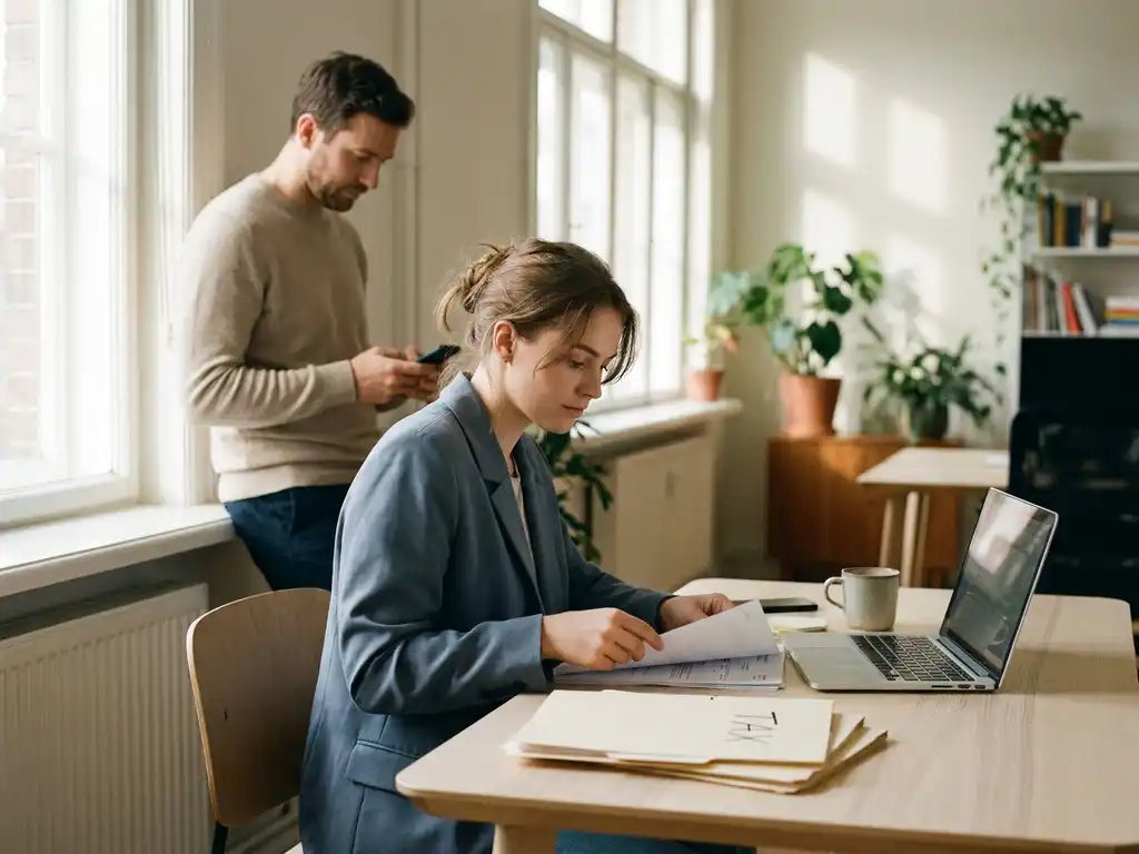 Junge Frau prüft Steuerunterlagen am modernen Schreibtisch, Kollege schaut auf sein Smartphone im hellen Büro.